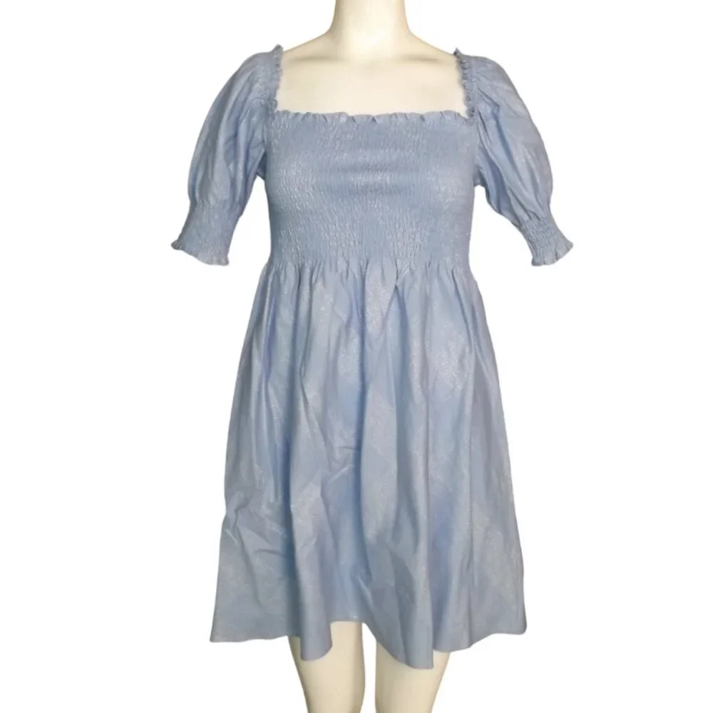 HILL HOUSE Mini Dress, S, Athena Nap, Powder Blue/Silver check, Smocking A-line - Picture 10 of 13